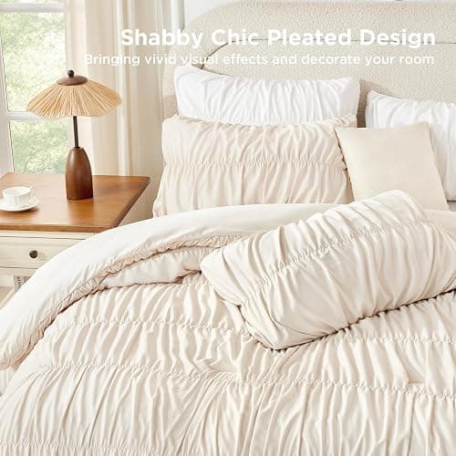 Andency Ruched Beige Full Size Comforter Sets, Shabby Chic Pleatd Bedding Sets 3 Pieces, Lightweight Soft Boho Ruffle Bed Set for Girls, Kids, Women, All Season thumbnail 4