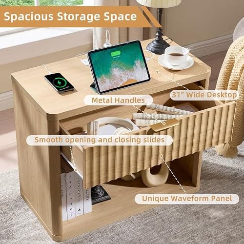 LEYAOYAO 31" Wide Fluted Nightstand with Charging Station, Oversized Extra Large 1 Drawer Night Stand with Golden Handle, Natural Wood Bedside Table Tall End Tables,for Bedroom, Living Room, Hallway thumbnail 7