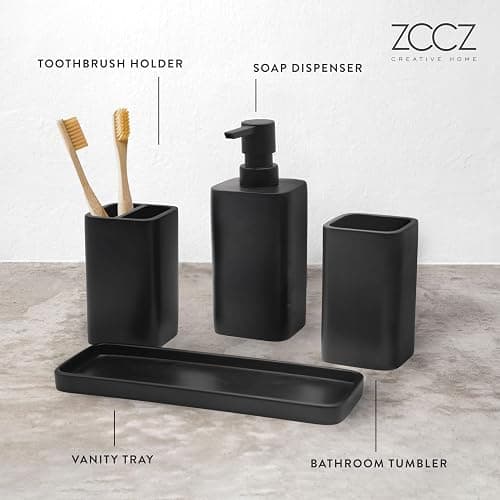 ZCCZ Matte Black Bathroom Accessory Sets, 4 Pieces Bathroom Accessories Complete Set Vanity Countertop Accessory Set, Includes Lotion Dispenser Soap Pump, Tumbler, Toothbrush Holder and Tray - Matte Black thumbnail 4