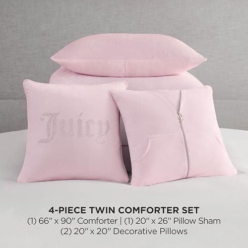 Juicy Couture Marshmallow Pink Velour Twin/Twin XL Comforter Set with Decorative Pillows - 4 Piece Luxury Bedding Ensemble thumbnail 2