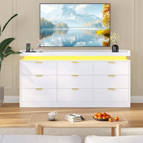 knoworld 9 Drawer Dresser for Bedroom, White Dresser with LED Lights and Power Outlet, Large Wooden Dressers Modern Chest of Drawers, Triple Wide 9 Drawer Dressers for Bedroom, Entryway, Hallway thumbnail 6