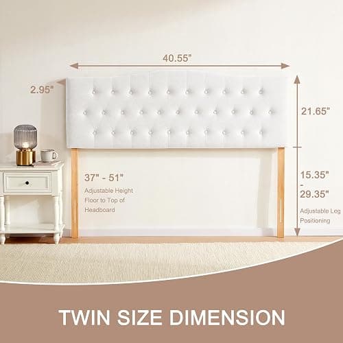 Huatean Home Tufted Upholstered Headboard Twin Size, Sturdy and Durable Solid Wood Twin XL headboard, Fabric Headboard Adjustable Height from 37” to 51”, Modern Button Diamond Design Head Board, White thumbnail 2