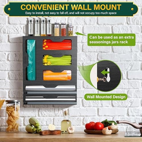 KOCWELL Bag Organizer & Plastic Wrap Dispenser with Cutter, 6 In 1 Bamboo Foil & Plastic Wrap Organizer for Kitchen, Food Storage Bag Organizer thumbnail 6
