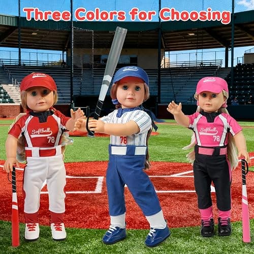 ARTST Softball Uniform Doll Outfit-American 18 inch Doll Clothes and Accessories Set Including Hat Red Baseball Clothing Bat Shoes Socks and Hairbow,Gifts for Girls&Boys(NO Doll) thumbnail 2