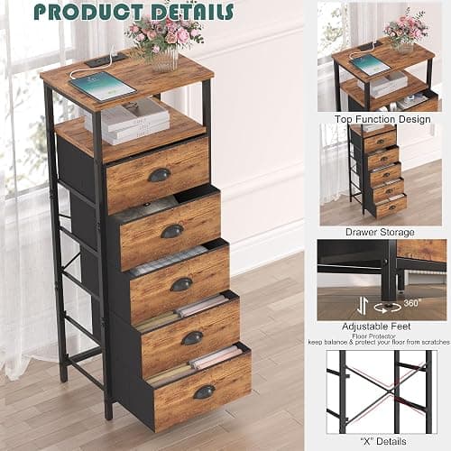 sthmec Nightstand with Charging Station,LED Night Stand with 5 Fabric Drawers, Bedside End Tables, 2-Tier Open Storage Shelf Side Table Nightstands with Drawers for Bedroom,Rustic Brown thumbnail 5