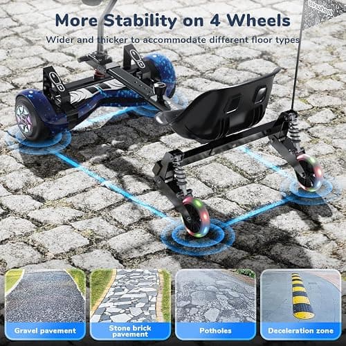 isinwheel Hoverboard Attachment for 6.5"8" 8.5"10" Hoverboard Go Kart Attachment with 3*Shock Absorbers, Hand and Foot Dual Control, Larger Seat, Flashing Wheels thumbnail 5