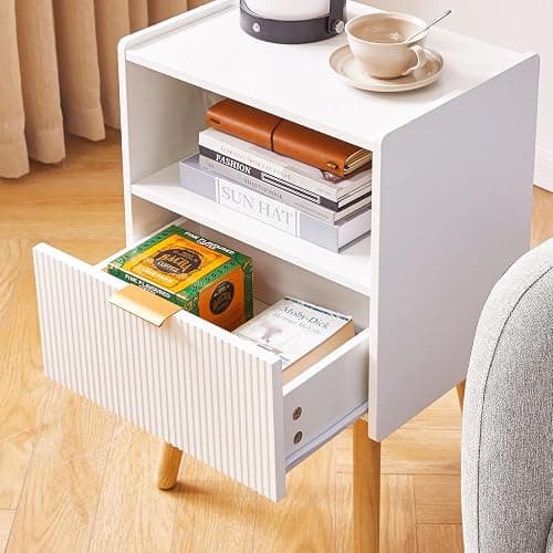 Aibiju Nightstand with Storage Drawer, Modern Bedside Table with Liner Drawer and Solid Wood Legs, Small End Table with 2-Tier Storage, White YD-TM061W thumbnail 4