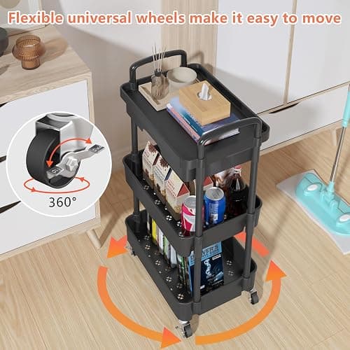 Calmootey 3-Tier Utility Cart with Drawer & Wheels, Storage for Home,Office | Space-Saving Organizer, Sturdy Plastic Shelves, Smooth-Rolling Metal Wheels, Built-in Drawer for Small Items, Black thumbnail 8