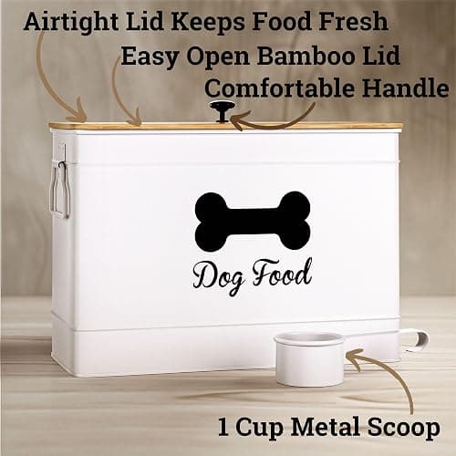 Dog Food Container Airtight 15 lb (50 Cup) Capacity with Metal Scoop - Cute Airtight Dog Food Storage Container with Bamboo Lid - White Metal Kibble Storage Bin for Dogs up to 100 lbs - Big Pet Jar - White thumbnail 4