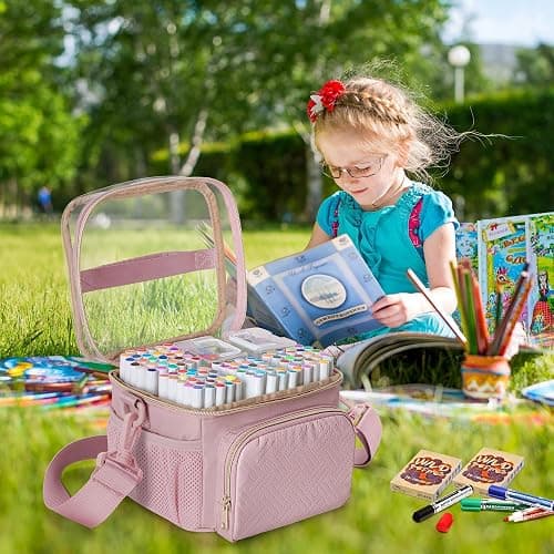 Rexmica Marker Organizer Case for 100 Markers, Marker Storage Organizer Bag with Divider and Shoulder Strap, Marker Travel Carrying Case with 3 Pockets, Pink (Patented Design) thumbnail 2