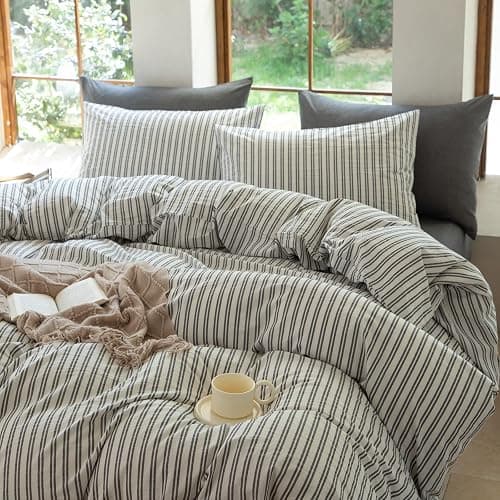 XINMIANFANG Striped Duvet Cover Set Full Size 3 Piece 100% Washed Cotton Linen Feel Bedding Comfy Breathable Modern Farmhouse (Full, Double Stripe-White/Black) - Image 1