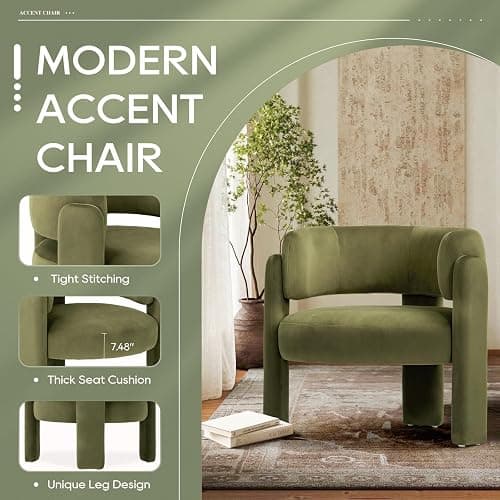 COLAMY Modern Velvet Accent Chair Set of 2, Upholstered Barrel Chairs, Comfy Side Arm Chairs with 3 Legs for Living Room, Bedroom, Reading, Green thumbnail 3