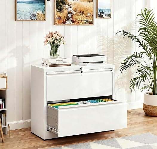 2-Drawer Lateral File Cabinet with Lock, Black Metal Filing Cabinet for Office or Home – Secure Storage for Letter/Legal/A4/F4 Documents, Easy to Assemble Locking File Organizer (White, 2 Drawer-26"W) - Image 1