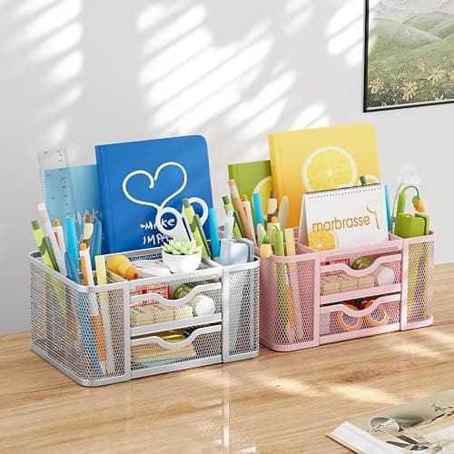 Marbrasse Netz Schreibtisch-Organizer,Multifunktionaler Stiftehalter mit 2 Schublade,Schreibtisch Aufbewahrung Zubehör für Heim Büro Bedarf (Rosa) - Rosa thumbnail 2