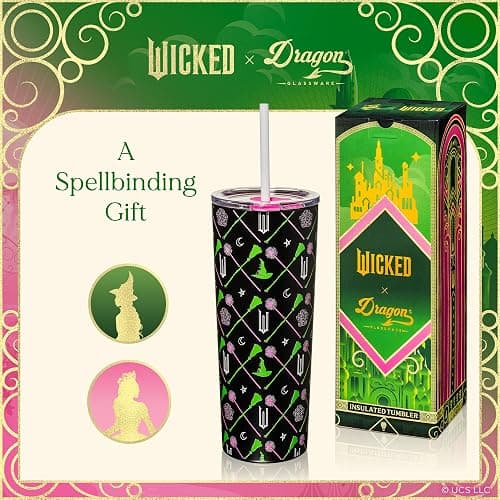 Dragon Glassware x WICKED Vacuum Insulated Tumbler with Lid and Straw - 24 oz Tumbler Cup with 2 Straws - Stainless Steel Tumbler with Straw for Water, Iced Tea - Wicked Movie Green Tumbler with Straw thumbnail 7