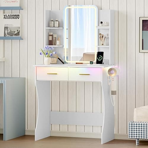 Xixini Vanity Desk with LED Lights Mirror & Power Outlet, Small Makeup Vanity Table Set with Storage Drawers, 3 Lighting Modes & Adjustable Brightness, Dressing Table for Women Girls Bedroom, White thumbnail 3