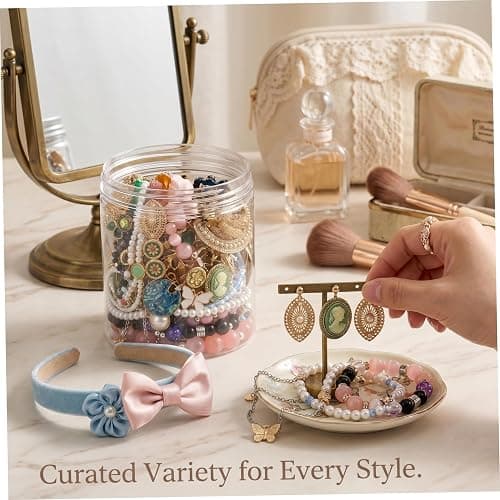 Monwssoe 40 Pieces Mystery Jewelry Jar Set - Assorted Vintage, Modern & Boho Jewelry Mystery Jar Including Necklace, Earrings, Ring, Gold thumbnail 5