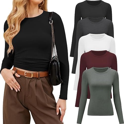 CE' CERDR 3/5 Pack Womens Long Sleeve Shirts Crew Neck Basic Tees Fitted Undershirts Compression Workout Underscrubs Tops - Image 1