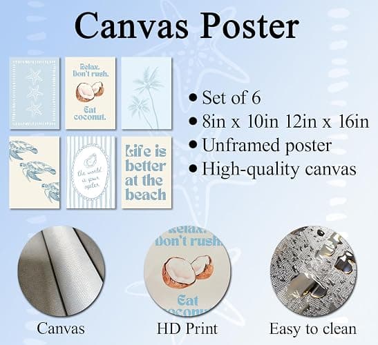 6Pcs Coastal Beach Poster Wall Art,Blue Preppy Beach Painting Picture Wall Decor,Sea Turtle Starfish Palm Tree Canvas Print Artwork for Bathroom,Bedroom,Living Room,Beach House Home Decor Unframed thumbnail 4