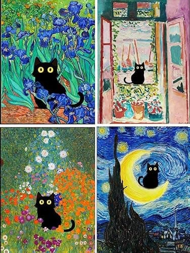 GemZono Adult 5D Diamond Painting Kits - 4 Pieces, Round Diamond Arts Painting Kit, DIY Beginner Black Cat Diamond Art Kit, Matisse Van Gogh Living Room Bedroom Decoration (11.8x15.7) - Image 1