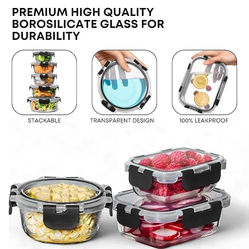 Razab 30 PC Glass Food Storage Containers with Lids - Reusable Glass Meal Prep Containers for Lunch and Leftovers - Airtight & Leakproof Snap Locking Lids - Oven, Freezer, Microwave, Dishwasher Safe thumbnail 7