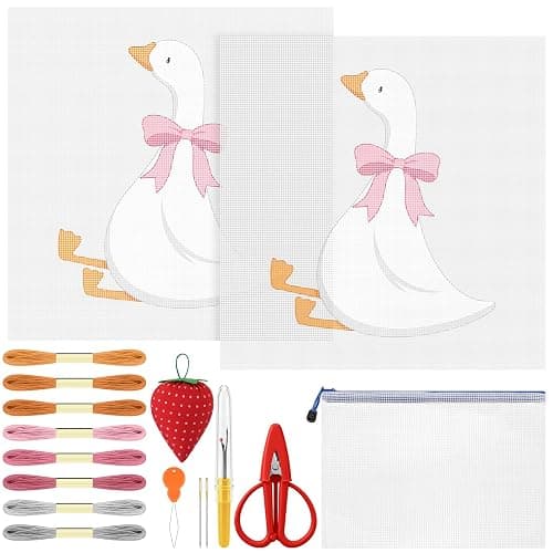 XunYee 23 Pcs Silly Goose 18 Mesh Needlepoint Canvas Kit for Beginners | Adults Starters Hand Painted Canvas Craft Set 2 Pcs Silly Goose Pattern Cloth 7.8 inch Needle Thread Pincushion Scissor - Image 1