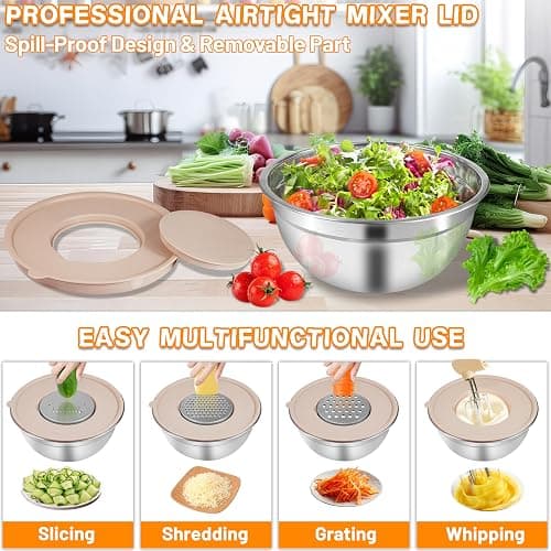 Mixing Bowls with Airtight Lids for Kitchen, 7 Piece Stainless Steel Metal Nesting Storage Bowls, 3 Grater Attachments, Size 4.5, 3.6, 2.7, 2.1,1.7, 1.1,0.7QT for Mixing, Baking & Serving Food thumbnail 4