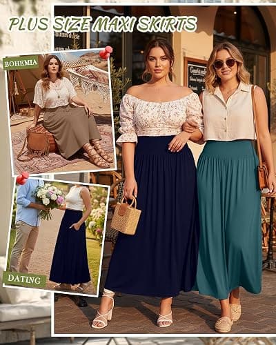 Ficerd 3 Pack Plus Size Maxi Skirts for Curvy Women Pockets Casual 2026 Boho Summer Flowy Long Skirt a Line High Waist Dress thumbnail 2
