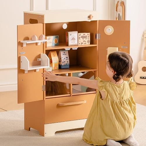 ROBOTIME Kids Wooden Refrigerator, Play Kitchen Fridge for Toddlers, Toy Fridge with Ice Maker and Food Accessories, Pretend Play Kitchen Toy for Boys & Girls Ages 3+ thumbnail 2