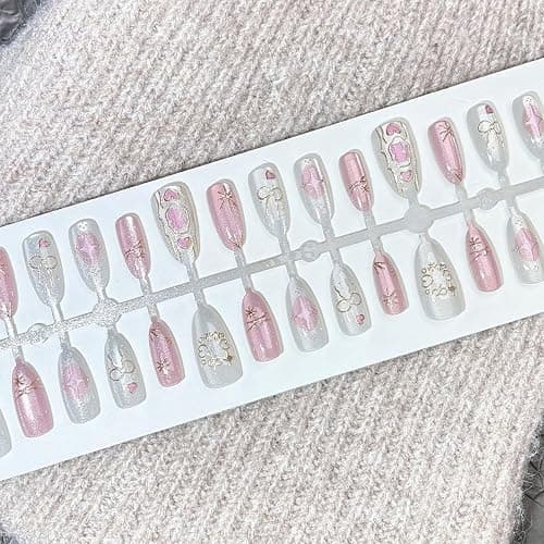 30Pcs Cute Press on Nails Short Almond Fake Nails with Heart Bow Rhinestones Designs Glitter Pink Glue on Nails Artificial Full Cover Stick on Nails Cute Cat Handmade Acrylic Nails for Women Girls - Pink Heart Bow Nails-17 thumbnail 5