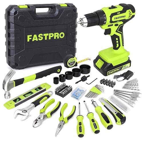 FASTPRO 177-Piece 20V Cordless Lithium-ion Drill Driver and Home Tool Set, Household Repairing Tool Kit with Drill in Storage Case, Green - Image 1