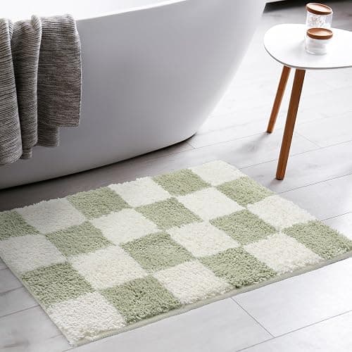 Tititex Luxury Sage Green Beige Checkered Grid Bathroom Rug, 16"x24" Classic Checkerboard Extra Soft and Absorbent Microfiber Bath Rugs, Non-Slip Plush Shaggy Bath Carpet for Bathroom Floor thumbnail 2