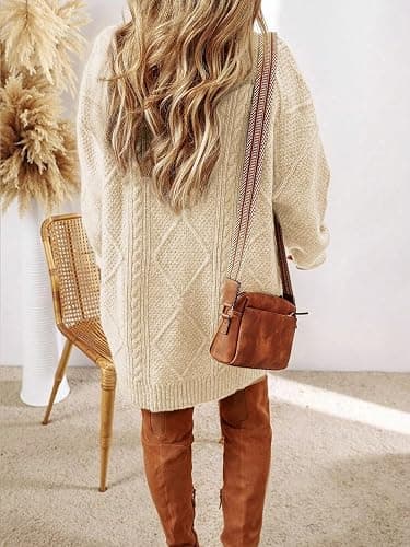 Women's Cable Knit Sweater Dress Long Sleeve Loose Crew Neck Pullover Tunic Mini Sweater Dress Fall Winter Outfits thumbnail 5