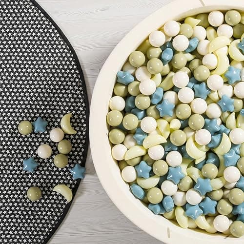 GOGOSO Ball Pit Balls Stars Moon Shapes Plastic Pitballs for Toddler Play Tent Baby Photo Props Kids Pool Water Toys Kiddie Pool Party Decor, Cream Blue+Yellow+Green+White,100PCS thumbnail 5