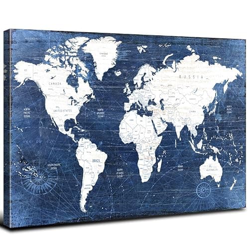 World Map Canvas Wall Art Modern Office Pictures Decorations World Maps for Living Room Wall Decor Retro Global Map Poster Navy Blue Framed Painting Artwork Home Bedroom Decoration 12x16” - Image 1