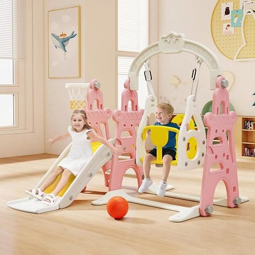 3-in-1 Kids Slide for Toddlers Slide and Swing Set,Indoor Playground for Children,Freestanding Outdoor Slides with Basketball Hoop,Outside Climber Playhouses,Baby Climbing Toys thumbnail 8