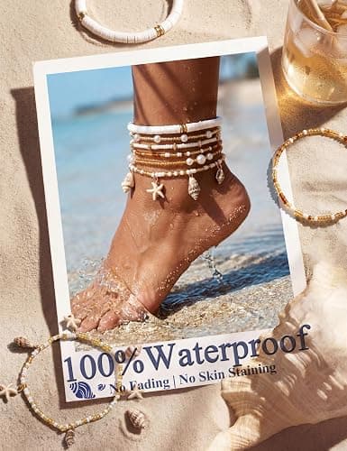 JeryWe 6Pcs Ankle Bracelets for Women - Waterproof Beaded Anklet Bracelet Set, Layered Boho Starfish Seashell Beach Jewelry, Handmade Summer Elastic Anklet thumbnail 2