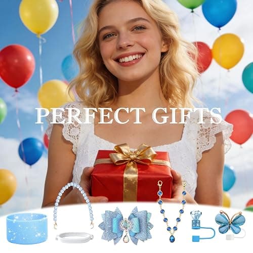 Diamond Bling Accessories for Stanley Cup Tumbler 40oz 30oz 24oz Blue Slate | 7PCS bling tumbler accessories set with bow charm, pearl handle strap, silicone boot, straw covers and charms thumbnail 6