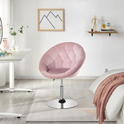 Yaheetech Living Room Vanity Chair Makeup Velvet Round Tufted Back Swivel Accent with Chrome Frame Height Adjustable for Room, Bedroom, Pink thumbnail 2
