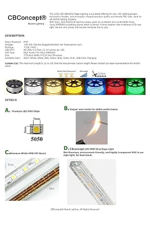 CBConcept UL Listed, 20 Feet,Super Bright 5400 Lumen, Pink, Dimmable, 110-120V AC Flexible Flat LED Strip Rope Light, Commercial Grade, Indoor Outdoor use, Ready to Plug n Shine thumbnail 6
