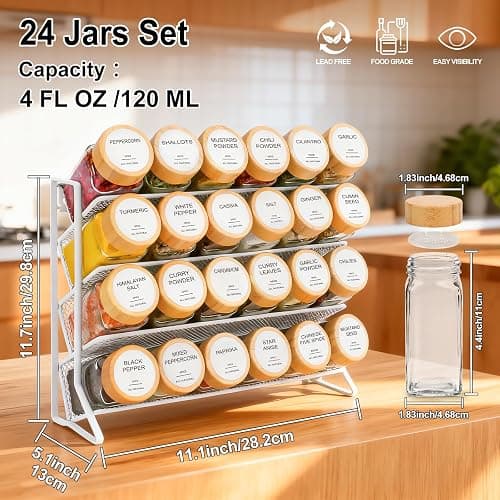 AISIPRIN Spice Rack with Spice Jars 398 Labels-4oz 24 Pcs Spices Jar with Bamboo Airtight Lids,Spices Container Set Seasoning Organizer for Countertop, Cabinet, Kitchen, Pantry, Cupboard thumbnail 3