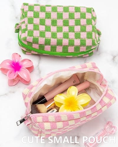 PAZIMIIK Checkered Makeup Bag for Purse Portable Zipper Make Up Pouch Small Cosmetic Case for Travel Accessories Pink Beige thumbnail 8