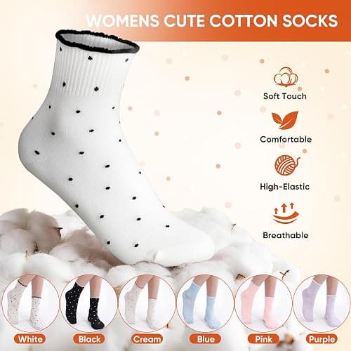 ihuan 6 Pairs Womens Ruffle Cute Ankle Socks Polka Dot, Soft & Breathable thumbnail 3