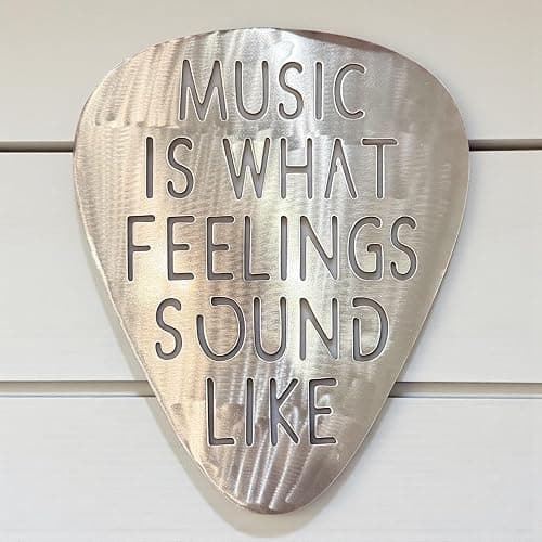 Top Brass Jumbo 16" Metal Guitar Pick Wall Art – “Music Is What Feelings Sound Like” Quote – Steel Wall Décor – Music Room, Studio, or Man Cave Art (Brushed Silver) thumbnail 5