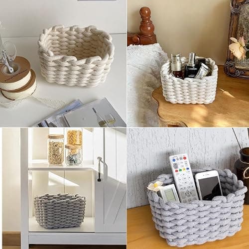2er Set Aufbewahrungskorb Geflochten Baumwolle Strickkorb, Korb Aufbewahrung Klein Körbchen Wickeltisch Organizer, Dekorative Quadratische Speicher Regalkörbe Für Schminke Socken Spielzeug (Weiß) thumbnail 6