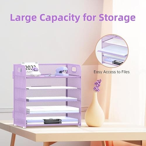 Supeasy 5 Trays Paper Organizer Letter Tray with Handle-Mesh Desk File Holders, Paper Sorter Desk Organizer for Office, Home, Classeoom or School, Purple thumbnail 5