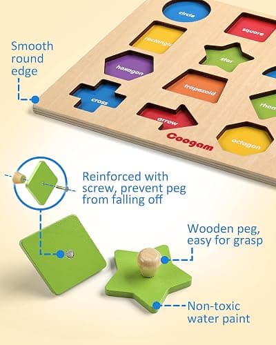 Coogam Montessori Toy Wooden Shape Peg Puzzle, Fine Motor Color Matching Sorting Board, Early Learning Educational Activity Toy Gift for Preschool Toddler Baby 3 4 5 Year Old thumbnail 8