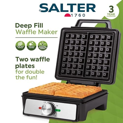 Salter Waffle Maker Machine – Non-Stick Dual Waffle Iron Plates, Deep Fill Belgian & American Waffle Machine, Adjustable Temperature Control, Cool Touch Handle, Savoury Snacks & Desserts, 1600W thumbnail 4