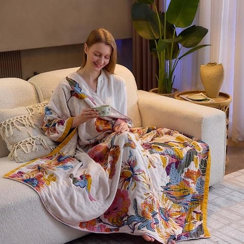 XIBLC Boho Throw Blanket, 100% Cotton Ultra Soft Luxury Throw Rustic Quilt, 50"x60" Floral Bird Butterfly Farmhouse Decor Bed Blankets, All Season Rustic Reversible Bohemian Throw for Bed - Yellow thumbnail 7