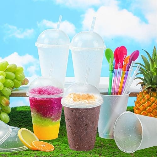 Ninehaoou 6 Set Slushie Cups with Dome Lids and Straws Detachable Spoon Straws Reusable Plastic Iced Coffee Cups Smoothie Tumbler for Birthdays Summer Party Supplies(Transparent White,16 oz) thumbnail 2
